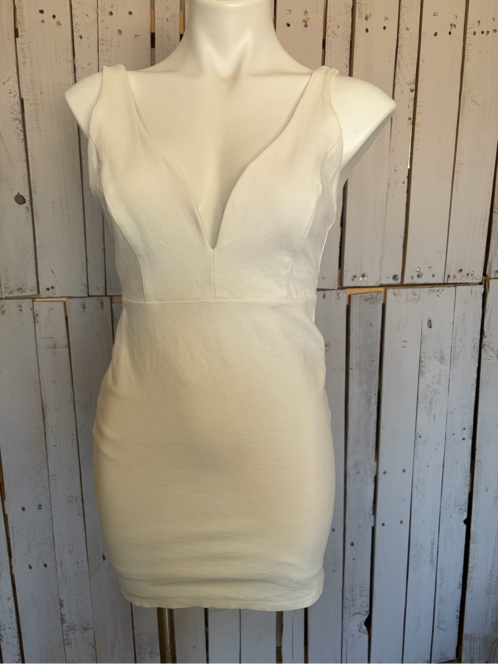 Lulu's Cream Deep V-Neck Bodycon Mini Dress
